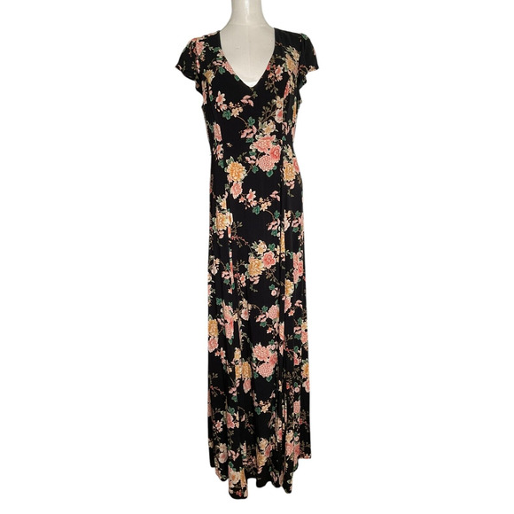 Forever 21 Womens Medium Black Floral Maxi Dress V Neck Cap Sleeve Contemporary - Picture 1 of 14